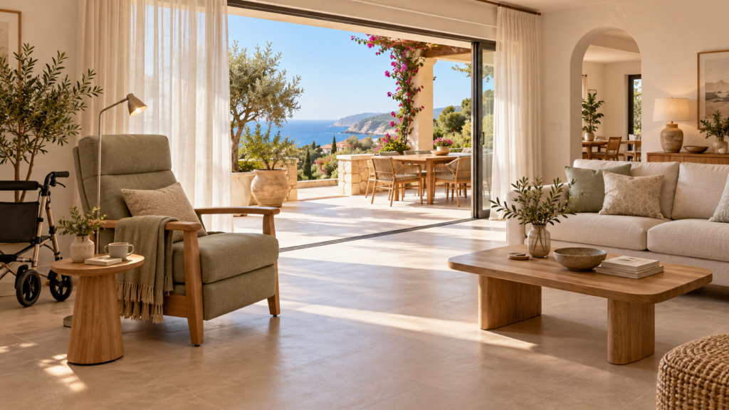 Feng Shui und altersgerechter Umbau an der Costa BlancaMediterranes Wohnzimmer mit breiten Durchgängen, Sessel mit Armlehnen und Rollator sowie Zugang zur Terrasse mit Meerblick.